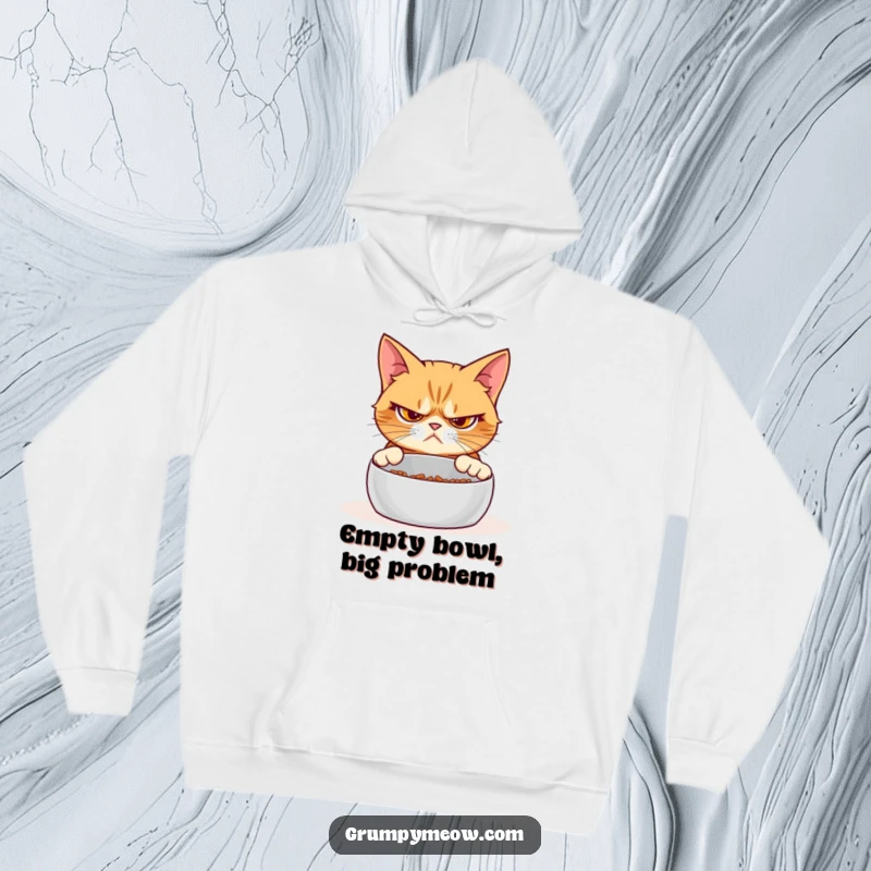 Funny grumpy cat hoodie, cozy warmth, skeptical stare, empty food bowl, relatable pet owner gift, winter comfort.