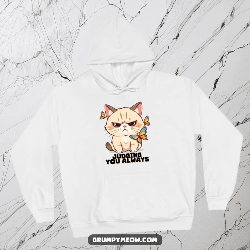 Funny grumpy cat hoodie, observing a butterfly with a skeptical frown, conveying deep thought and humor, a great funny gift.