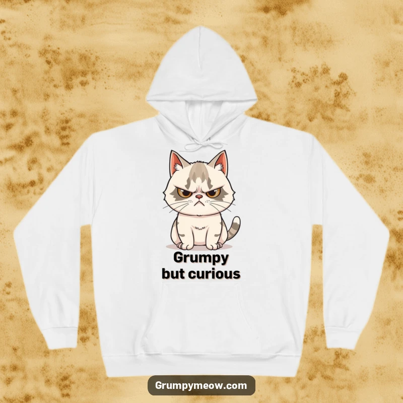 Funny Grumpy Cat Hoodie: Soft and warm, depicting a grumpy cat with a scowl and a tail twitching with curiosity.