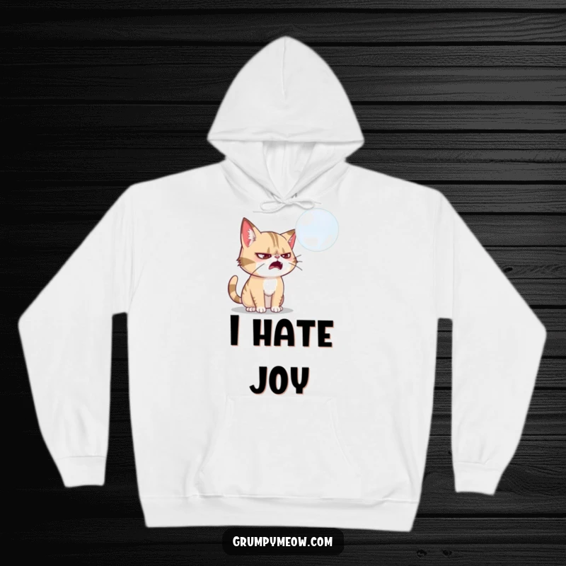 Funny grumpy cat hoodie, intensely swatting at a floating soap bubble, embodying playful effort, a great funny gift.