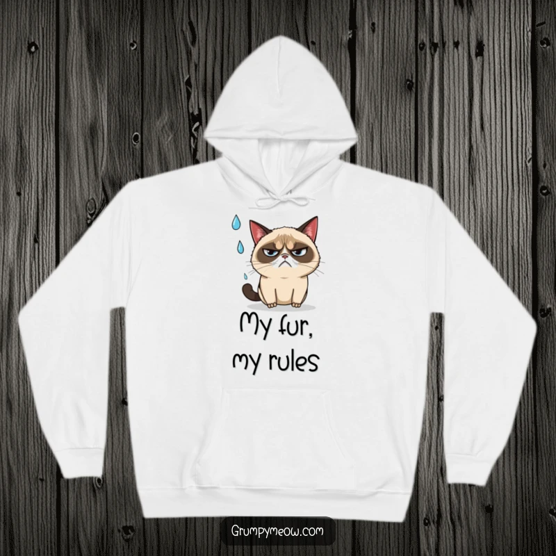 Funny grumpy cat narrowly dodging a falling raindrop with an annoyed sigh on a hoodie, for rainy day comfort, an ideal funny gift.