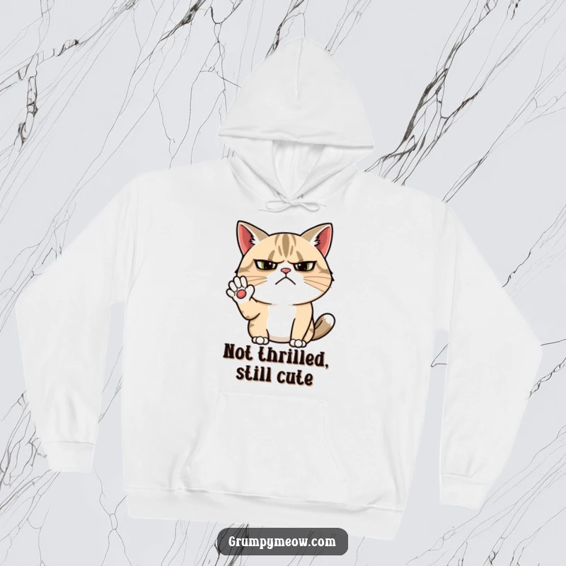 Funny grumpy cat hoodie showing a cat with a deeply furrowed brow attempting a cheerful but unconvincing wave with disdain.