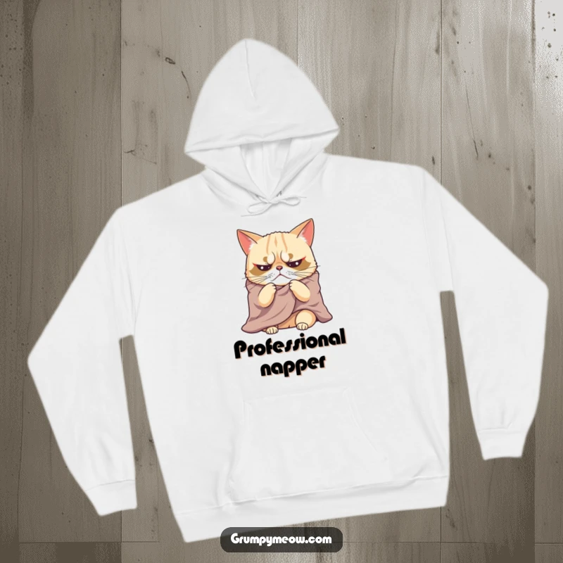 Funny hoodie with a grumpy cat dramatically sighing under a blanket, perfect for expressing cozy, humorous, and relatable feline grumpiness.