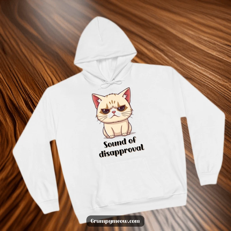 Funny grumpy cat hoodie, cozy fleece, unimpressed huff sound, exhaling, vocal disapproval, sarcastic apparel, warm gift.