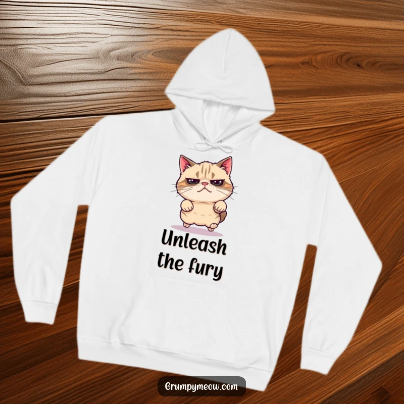 Funny grumpy cat hoodie, captured in a surprising leap, conveying hidden energy, a great funny gift.