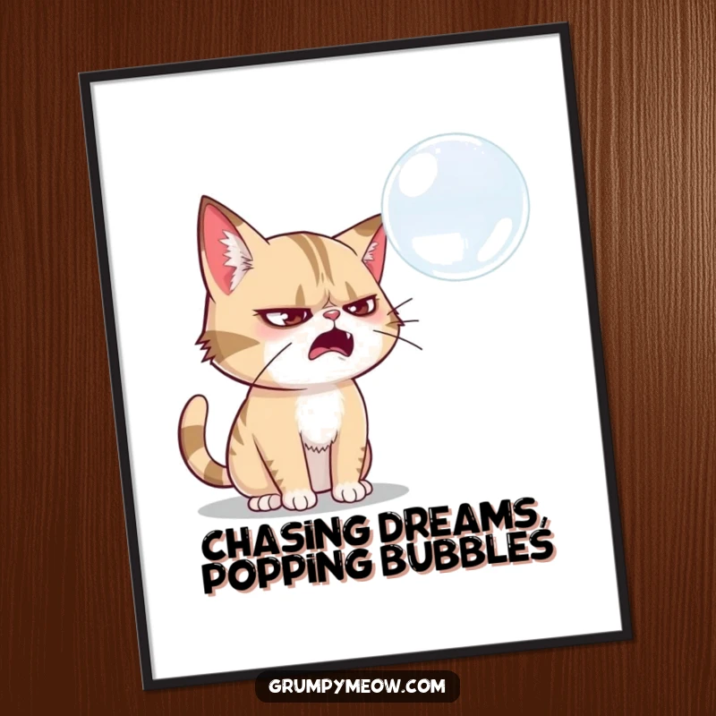 Funny Free Printable Wall Art: Grumpy cat intensely focused on swatting a delicate, floating soap bubble.