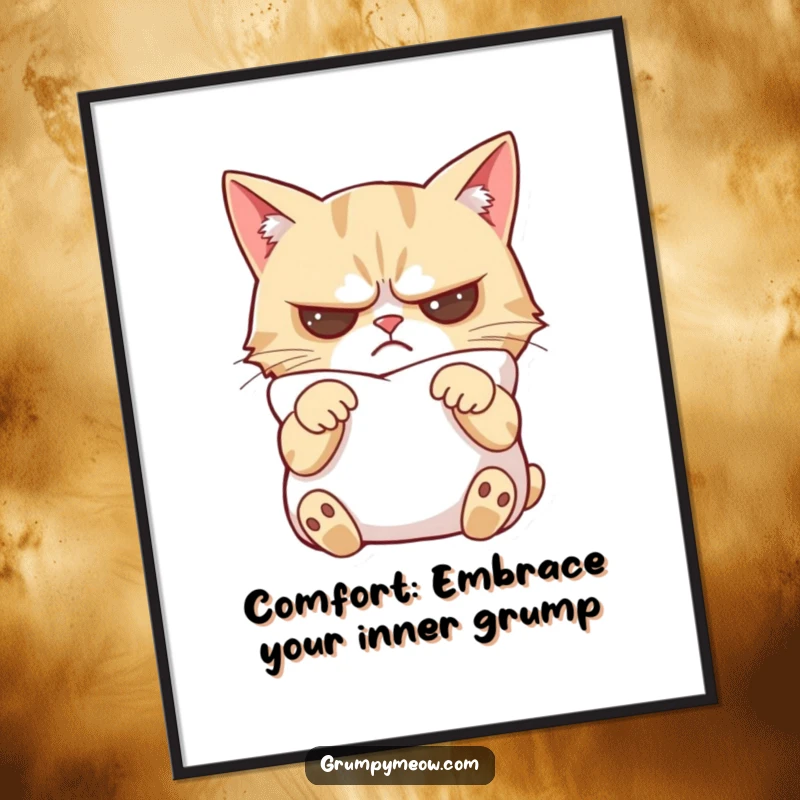 Funny Free Printable Wall Art: Grumpy cat lounging on a pillow, paws crossed, looking surprisingly peaceful, downloadable art.