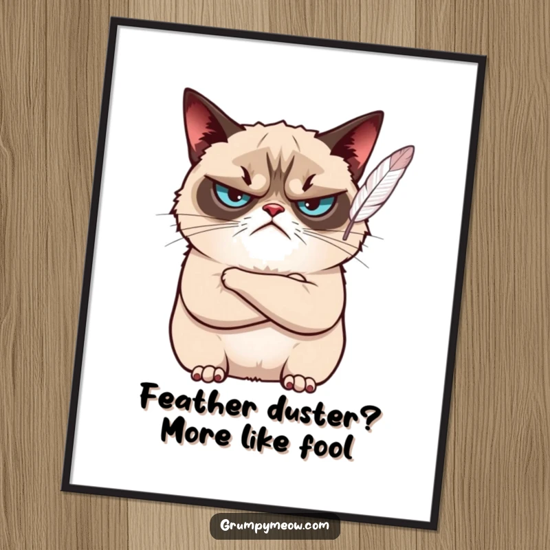 Funny Free Printable Wall Art: Grumpy cat with crossed arms looks unimpressed by a floating feather.