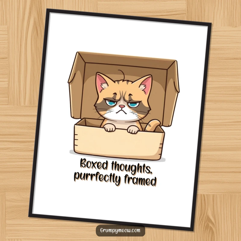 Funny Free Printable Wall Art: A grumpy cat sits regally inside a cardboard box, its expression unchanging.