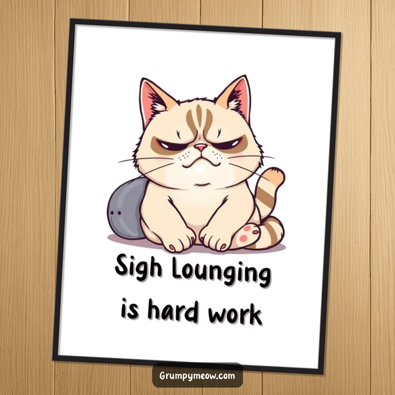 Funny Free Printable Wall Art: A grumpy cat reclines lazily, emitting a dramatic sigh of utter indifference.
