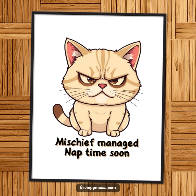 Funny Free Printable Wall Art: Grumpy cat stares with narrowed eyes, radiating an aura of plotting mischief.
