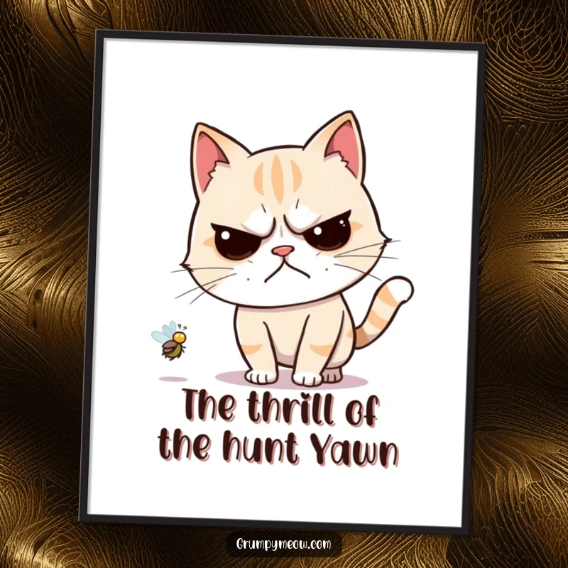 Funny Free Printable Wall Art: A grumpy cat makes a half-hearted, reluctant chase after a tiny, buzzing fly. Pure apathy captured.