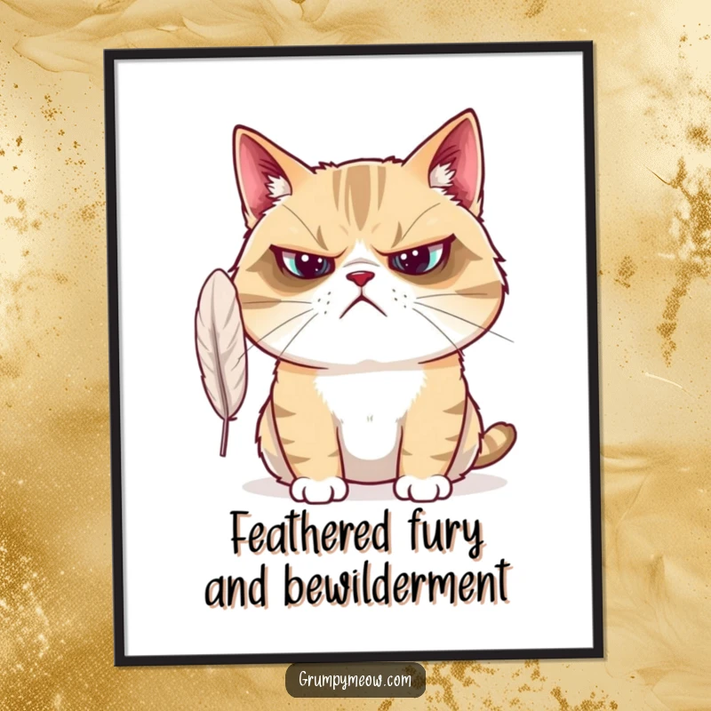 Free Printable Wall Art: A grumpy cat looks utterly perplexed and bewildered by a tiny feather floating nearby.