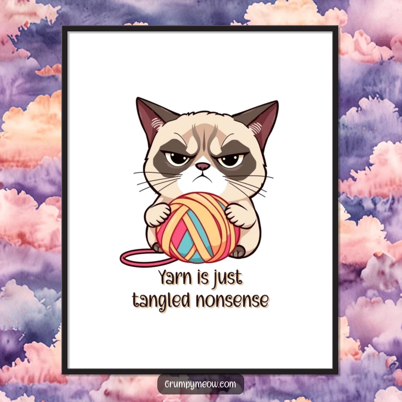 Funny Free Printable Wall Art: Grumpy cat with narrowed eyes judges a brightly colored ball of yarn.