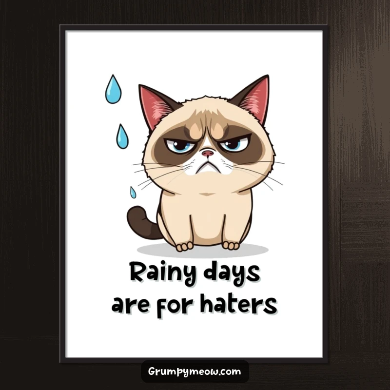 Funny Free Printable Wall Art: Grumpy cat narrowly dodging a falling raindrop with an annoyed sigh.