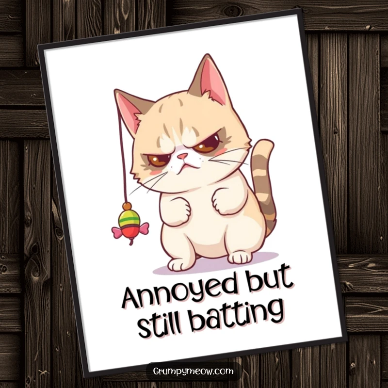 Funny Free Printable Wall Art: Grumpy cat swatting a toy with utter disdain, a masterpiece of feline indifference.