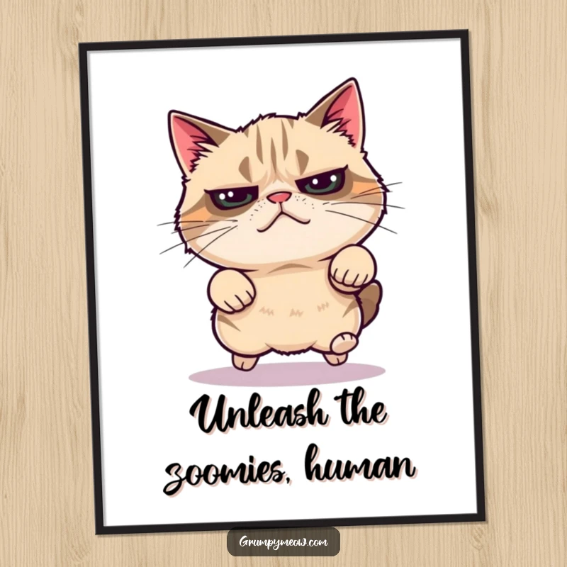 Funny Free Printable Wall Art: Grumpy cat captured in a surprising, energetic leap with wide eyes.