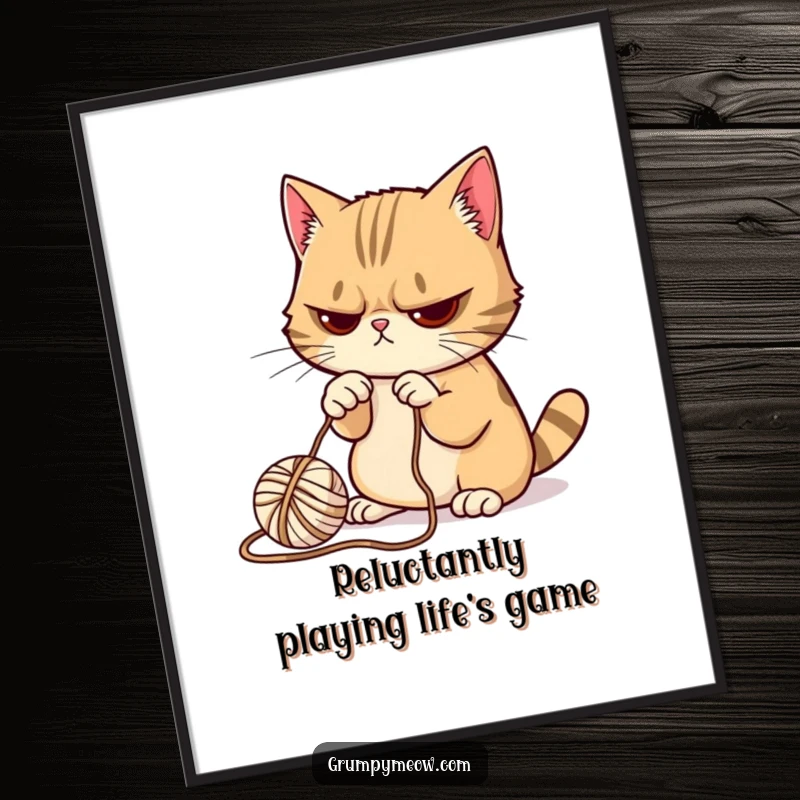 Funny Free Printable Wall Art: A grumpy cat bats a small ball of yarn with a paw, looking very unimpressed.