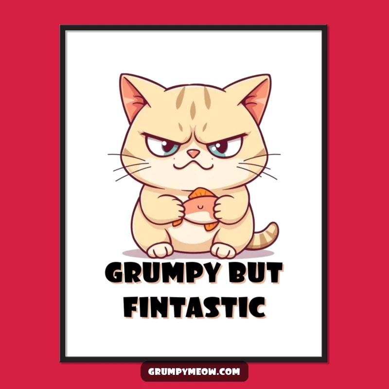 Funny Free Printable Wall Art: Grumpy Cat Smirks with Fish, Quirky Downloadable Decor!