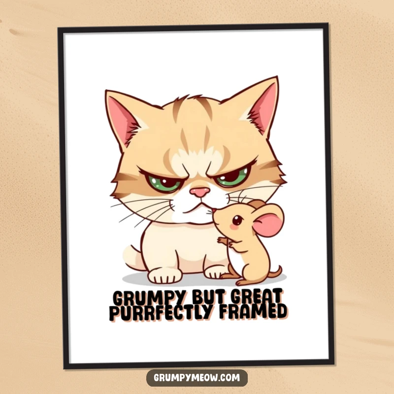 Funny Free Printable Wall Art: A grumpy cat curiously pokes a small, trembling toy mouse, showcasing feline intrigue.