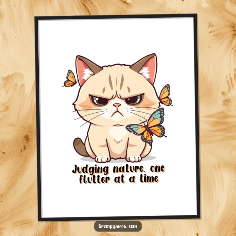 Funny Free Printable Wall Art: Grumpy cat with a doubtful expression watches a butterfly flit past.