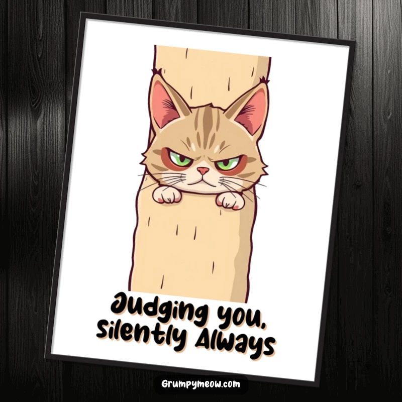 Funny Free Printable Wall Art: A grumpy cat peeking suspiciously from behind a giant scratching post, adding comic relief to decor.