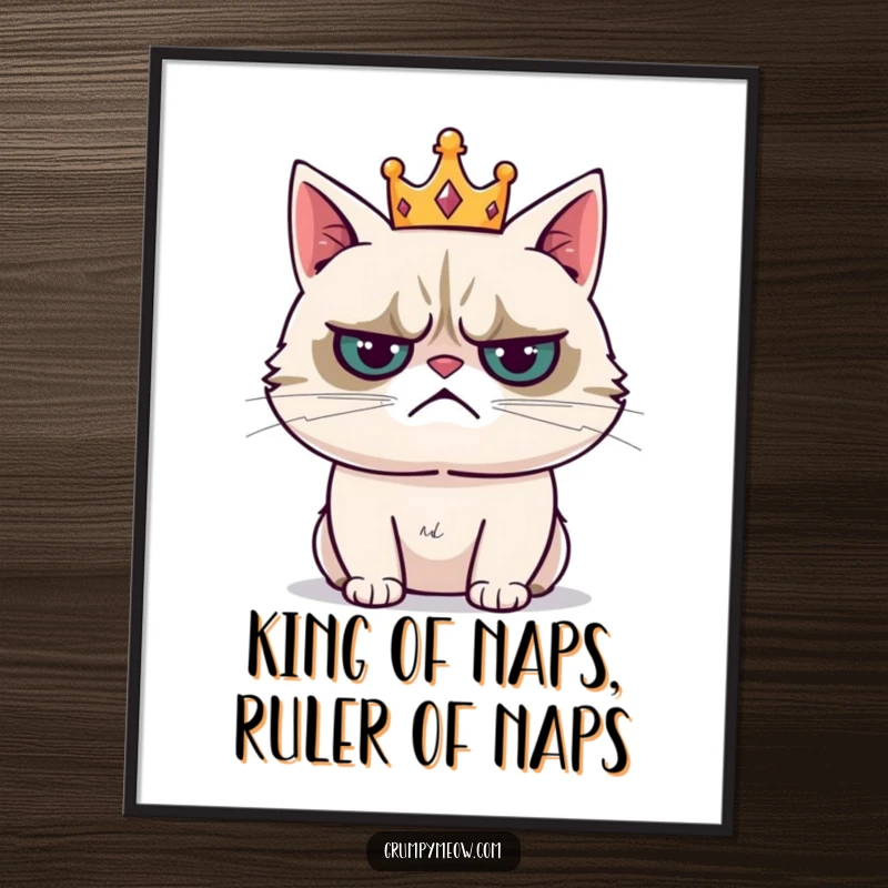 Funny Free Printable Wall Art: A grumpy cat wearing a tiny crown with a resigned sigh, adding regal humor to decor.