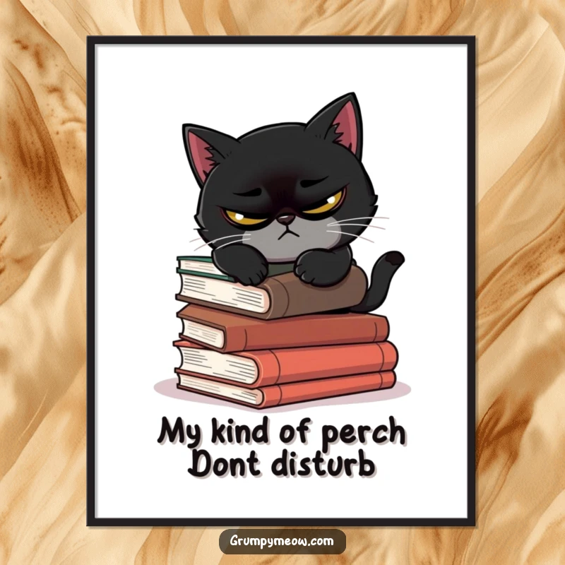 Funny Free Printable Wall Art: A black cat with a permanent scowl attempts to nap on a precarious stack of books, looking unimpressed.