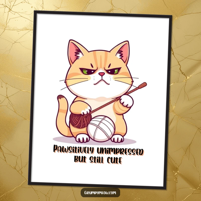 Funny Free Printable Wall Art: A perpetually frowning cat gleefully attacks a tangled yarn ball, adding quirky charm to your space.