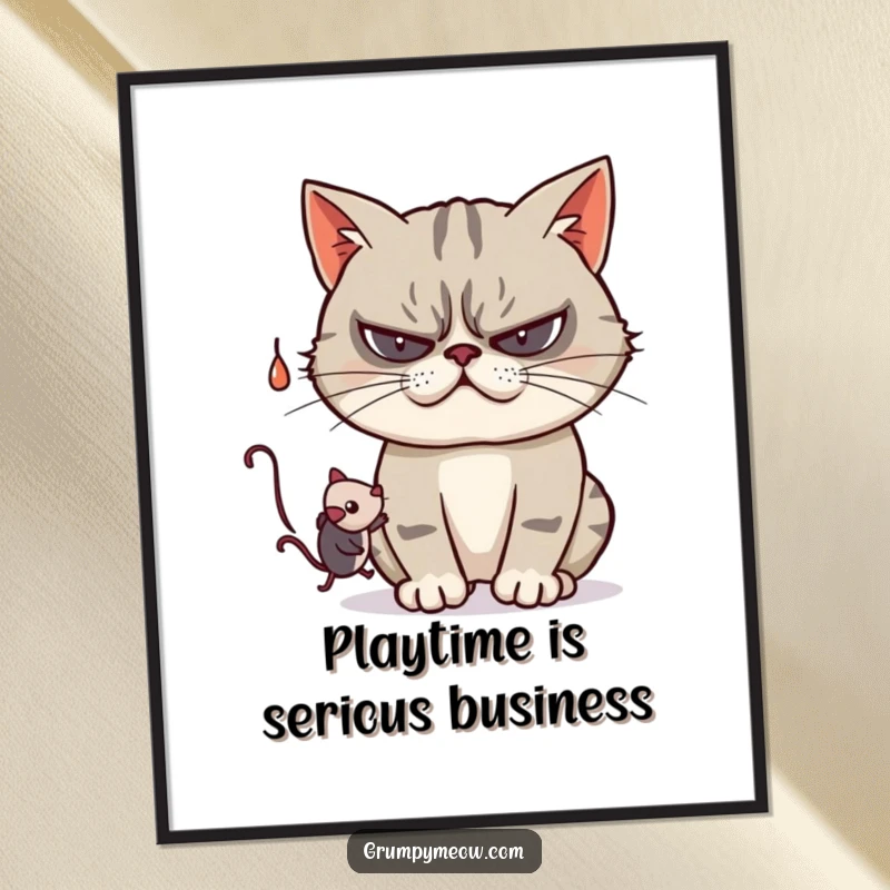 Funny Free Printable Wall Art: A grumpy cat playfully swatting at a dangling toy mouse, bringing a sense of fun to decor.