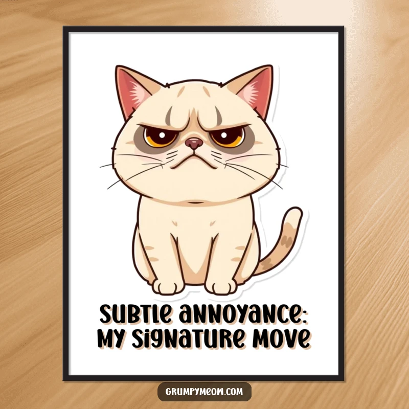 Funny Free Printable Wall Art: Grumpy cat with a minuscule tail twitch, a study in subtle, downloadable art.