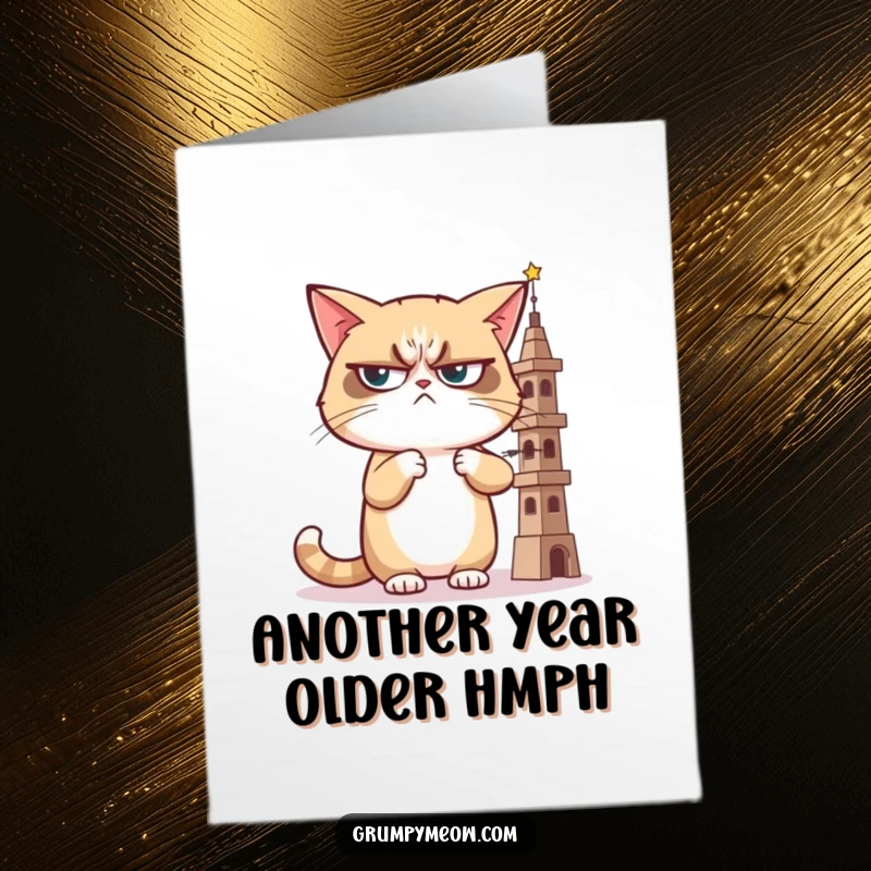 Funny Free Printable Birthday Card: A grumpy cat giving a judgmental sideways glance at a wobbly tower.
