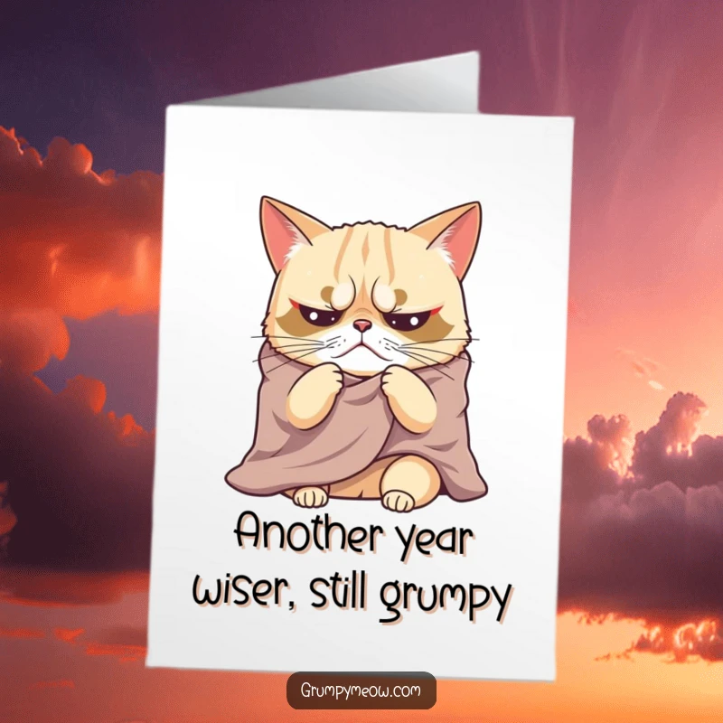 Funny Free Printable Birthday Card: Grumpy cat wrapped in a blanket, sighing dramatically, looking utterly unimpressed.