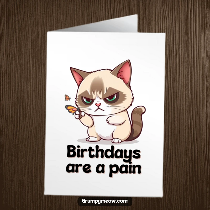 Funny Free Printable Birthday Card: Grumpy cat disdainfully batting away a playful butterfly with one paw.
