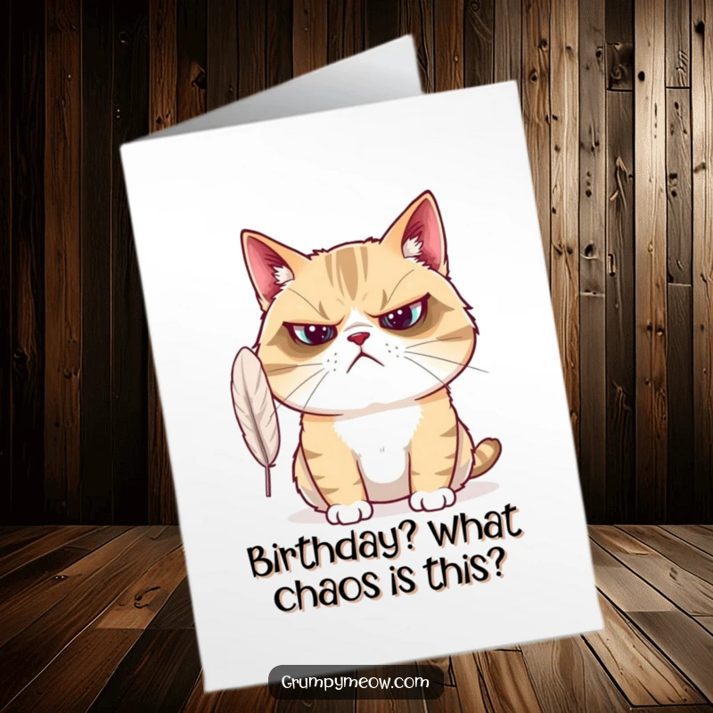 Funny Free Printable Birthday Card: A grumpy cat looks utterly confused by a single, fluttering feather.