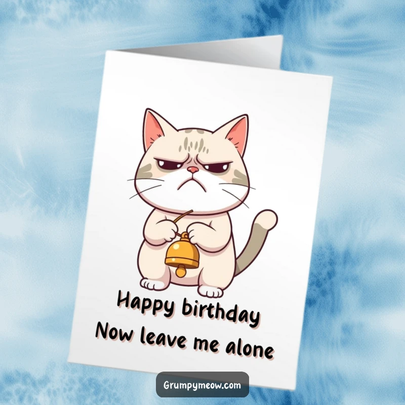 Funny Free Printable Birthday Card: A grumpy cat looking unimpressed while batting at a dangling bell.