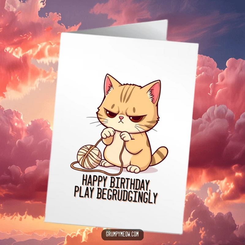 Funny Free Printable Birthday Card: A grumpy cat reluctantly bats at a small ball of yarn with its paw.
