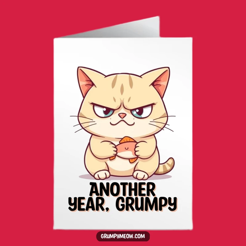 Free Printable Birthday Card: Grumpy Cat Smirks with Fish, Funny Downloadable Gift!