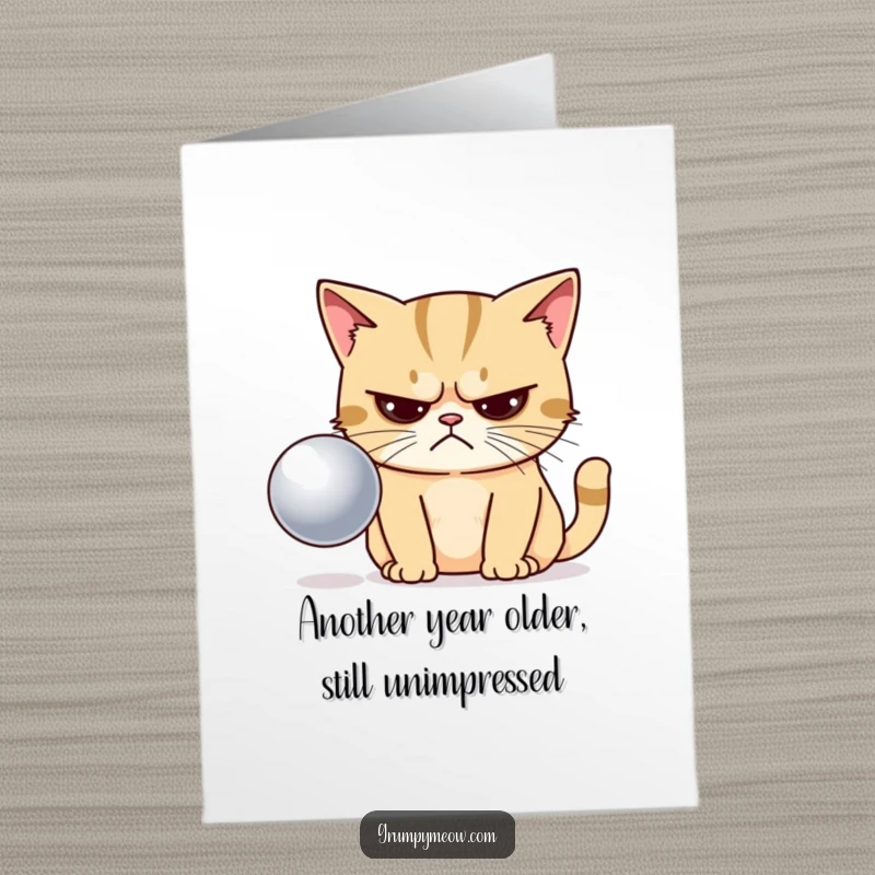 Funny Free Printable Birthday Card: Grumpy cat with narrowed eyes stares disapprovingly at a shiny ball, judging your life choices.