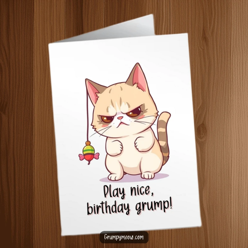 Funny Free Printable Birthday Card: Grumpy cat with a look of pure disdain, batting at a dangling toy.