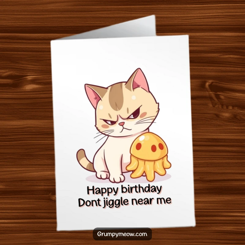 Funny Free Printable Birthday Card: A grumpy cat with an arched back hisses defensively at a comically wobbling jelly.