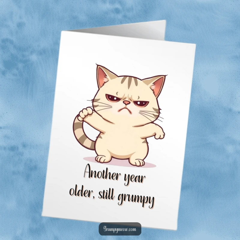 Funny Free Printable Birthday Card: Grumpy cat doing a slow, bored stretch, wishing you a mediocre birthday.
