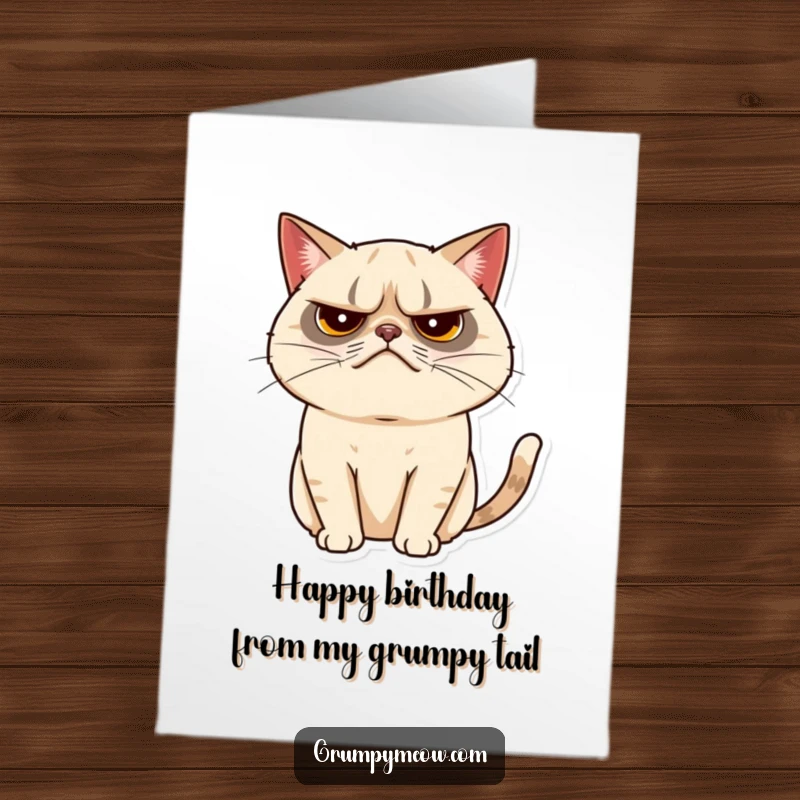 Funny Free Printable Birthday Card: Grumpy cat with a barely visible tail twitch, hinting at festive feelings.