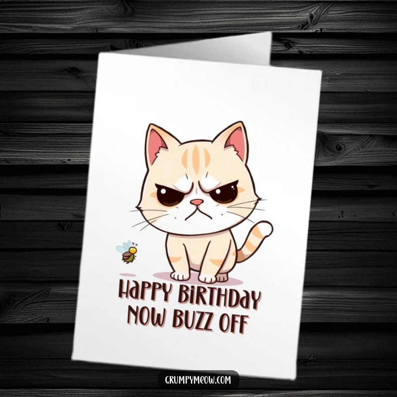 Funny Free Printable Birthday Card: A grumpy cat reluctantly chases a tiny, buzzing fly with a look of pure exhaustion and disdain.