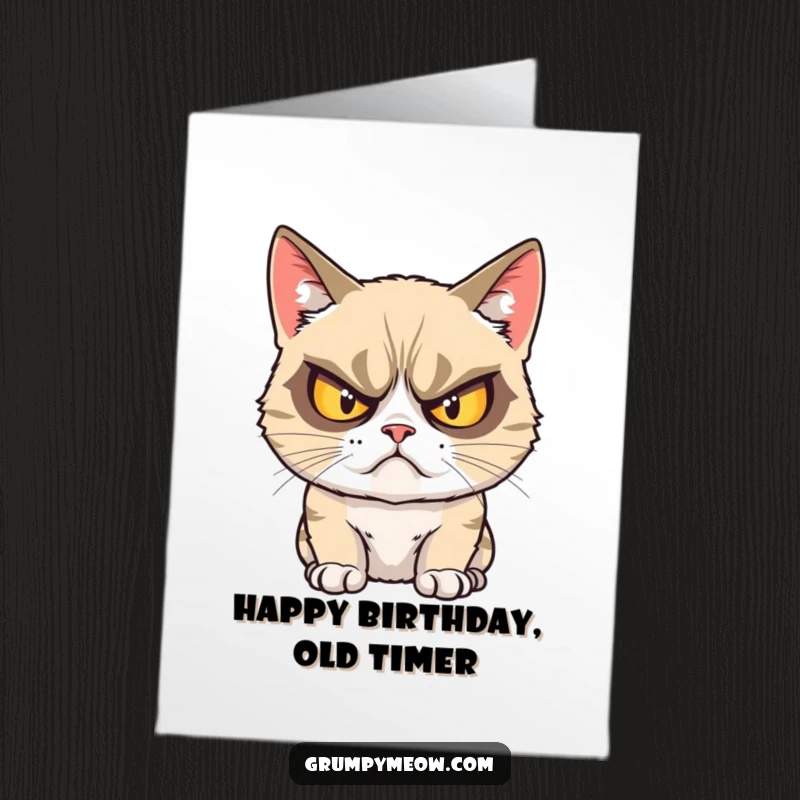 Funny Free Printable Birthday Card: A grumpy cat glares humorously with comically crossed eyes, wishing a begrudging happy birthday.