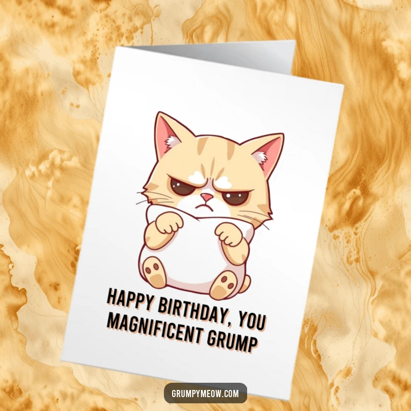Funny Free Printable Birthday Card: Grumpy cat relaxing on a pillow, paws crossed, looking slightly less annoyed.
