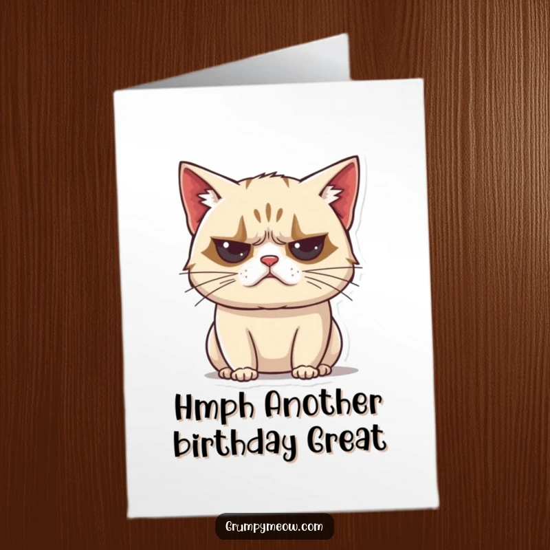 Funny Free Printable Birthday Card: A grumpy cat makes an unimpressed huff sound, clearly not thrilled about the occasion.