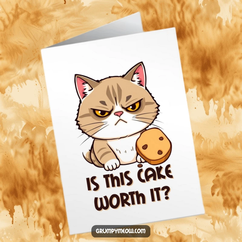 Funny Free Printable Birthday Card: A grumpy cat with narrowed eyes suspiciously eyeing a tempting treat, perfect for a curious birthday.