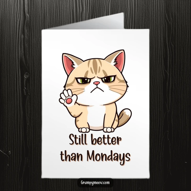 Funny Free Printable Birthday Card featuring a grumpy cat with a furrowed brow, attempting a half-hearted, funny wave for their special day.