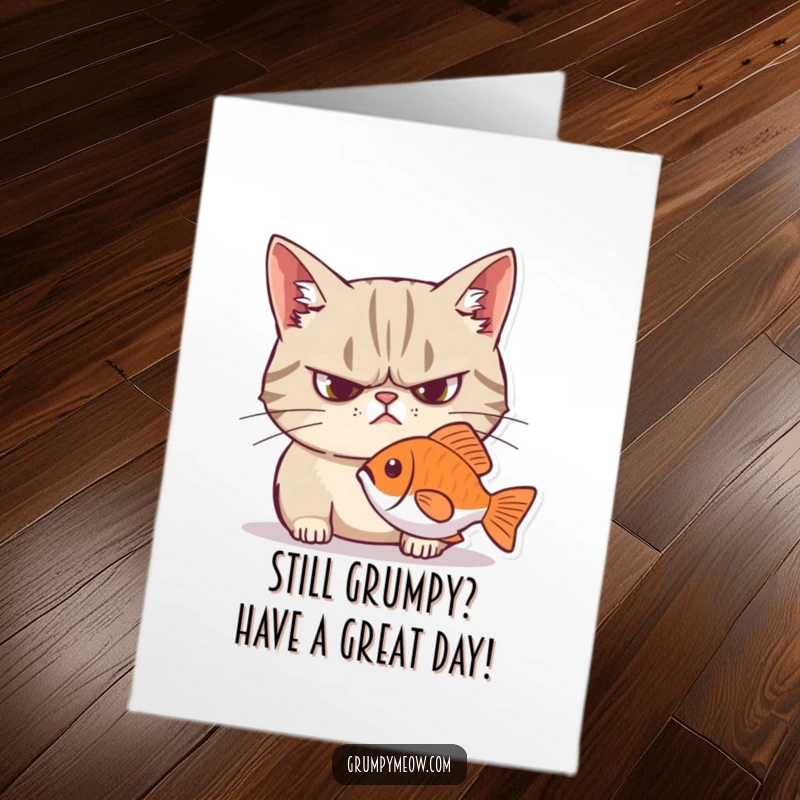 Funny Free Printable Birthday Card: Grumpy cat with a frown intensely stares at a fish, a fish-tastic gift idea.